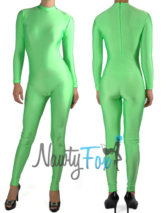 Neon Green Shiny Spandex Mock Neck Unitard,Bodysuit Holiday Costume S